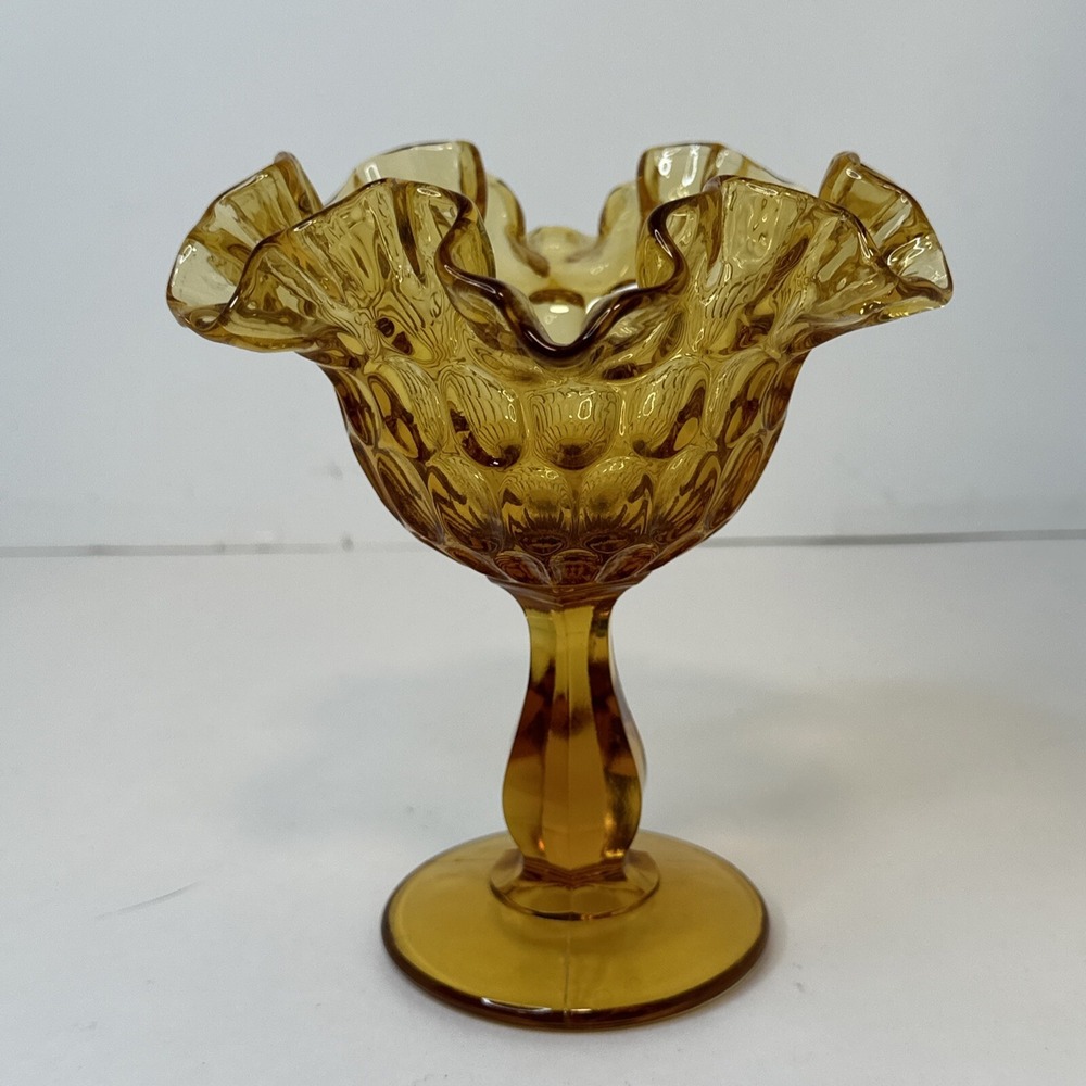 Vintage Fenton Amber Thumbprint Pedestal Amber Glass Double Crimp Compote Dish